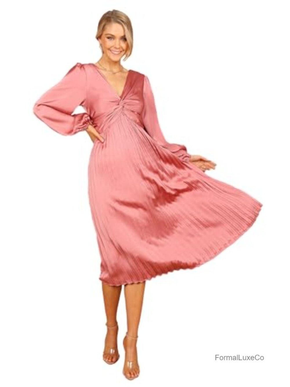Petal & Pup Noelle Twist Front Pleated Midi Dress Long Sleeve V-Neck